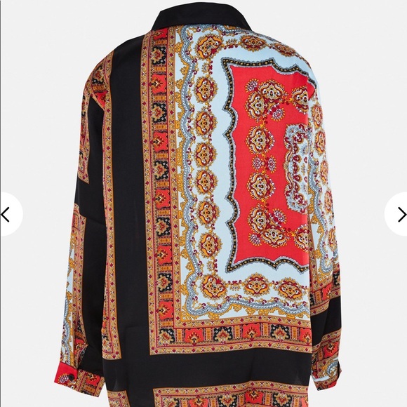 Red Scarf Print Satin Oversized Shirt - Picture 2 of 3